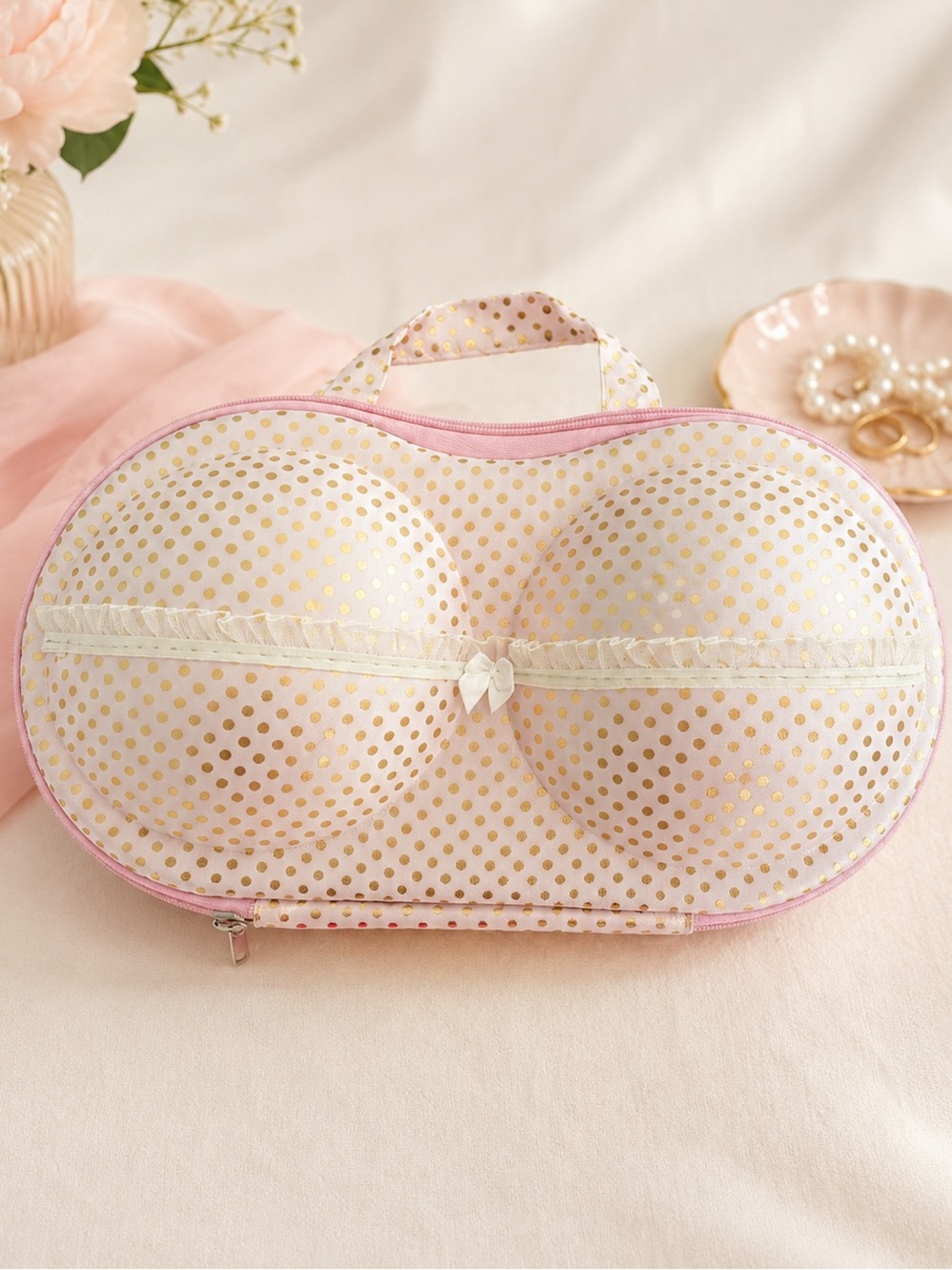 Pink Gold Hard Shell Bra Travel Case Lingerie Organizer Protective Storage Case